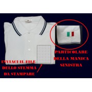 Polo maniche corte bianca con bandierina tricolore sulla manica e stampa diretta di stemma a tua scelta sul lato sinistro